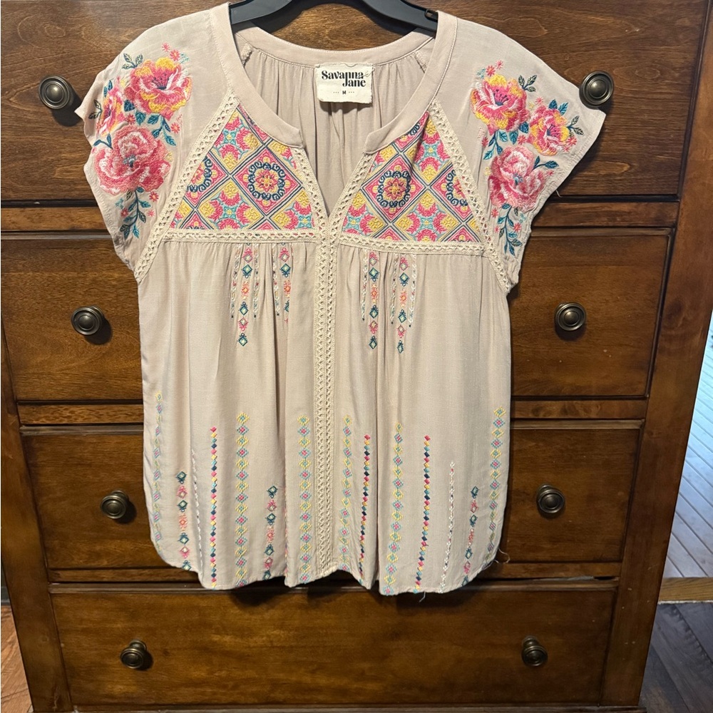 Savanna Jane Beige Floral Embroidered Blouse